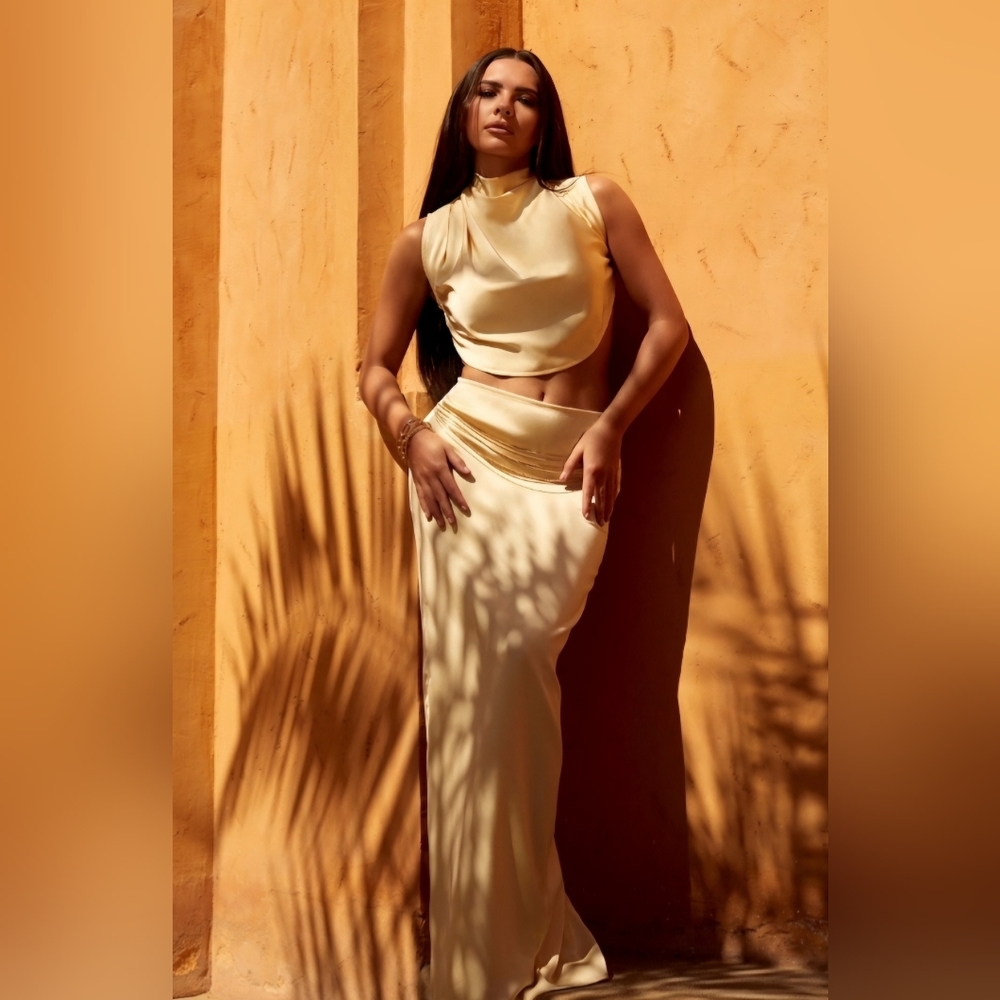 Butter Cream Satin Mid Rise Maxi Skirt